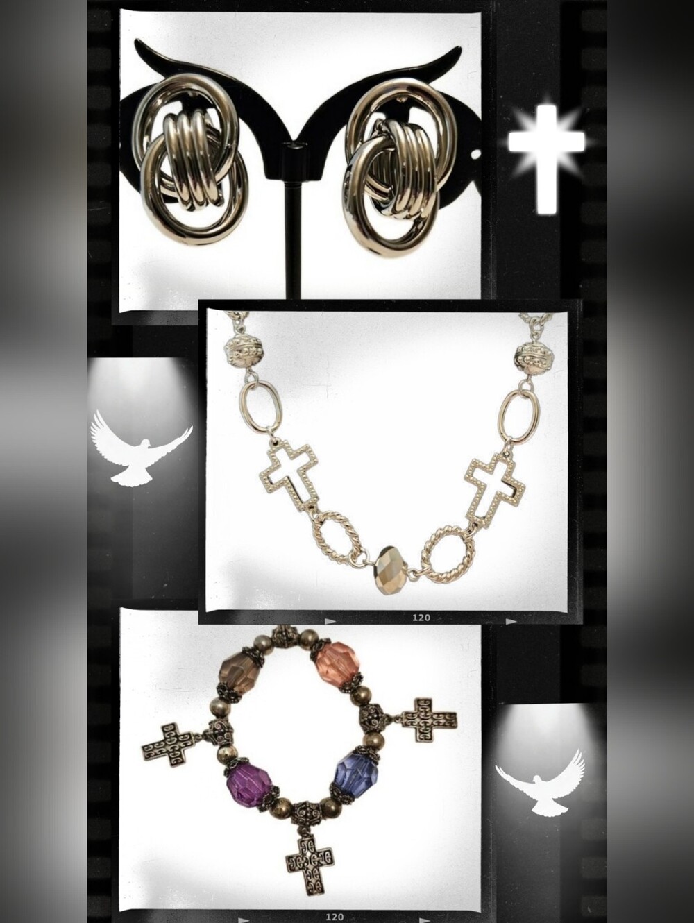 Silver Tone Cross Charm Necklace With Bracelet & Earrings